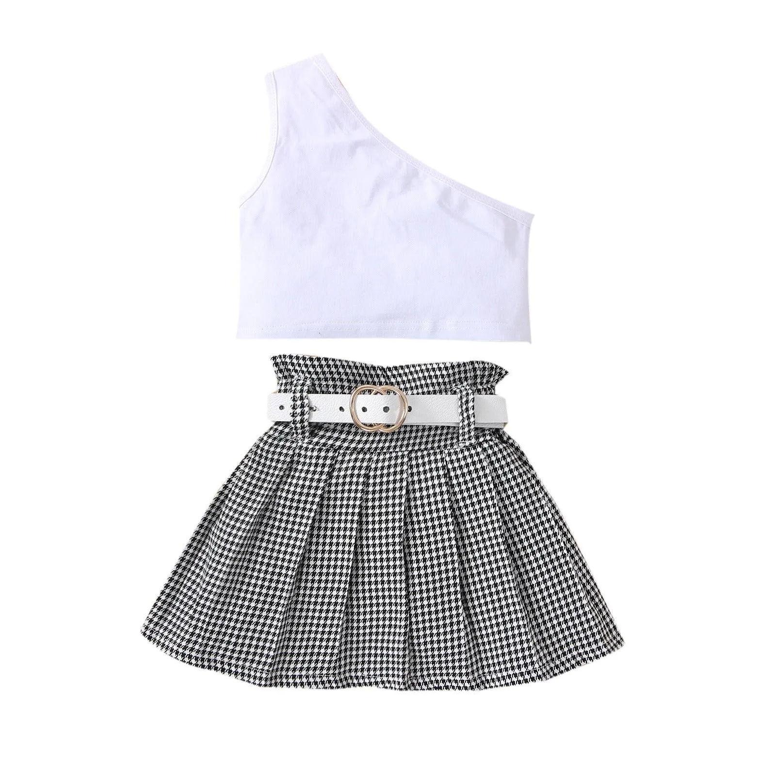 18M-6Y Toddler Girls Sets One Shoulder Top & Houndstooth Pleated Skirts Wholesale Girls Clothes