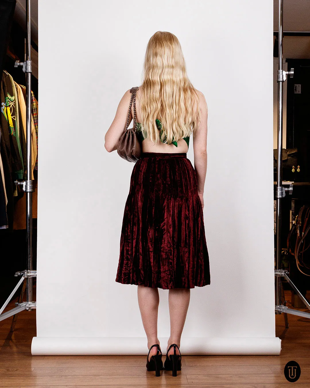 1980s Yves Saint Laurent Rive Gauche Pleated Burgundy Velvet Skirt XS