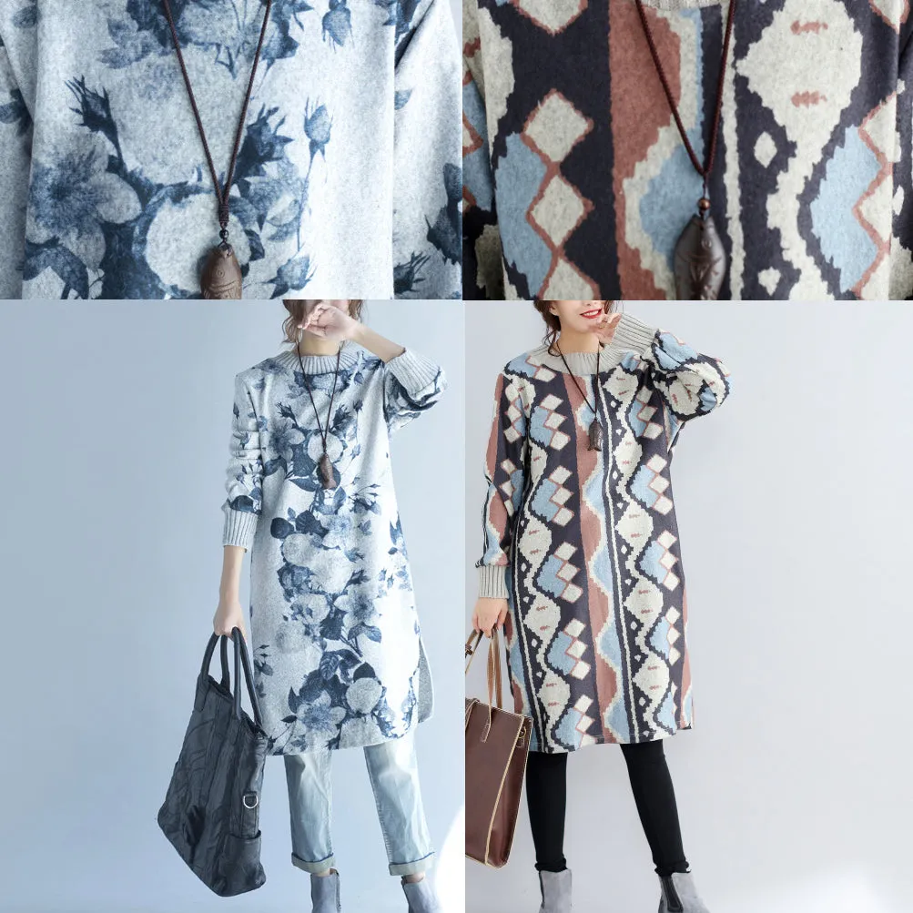 2021 autumn winter gray print woolen knit dresses plus size  fit sweater dress side open