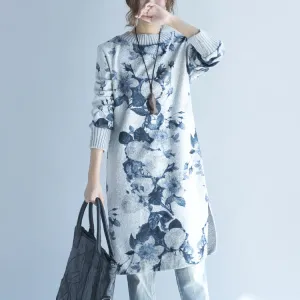 2021 autumn winter gray print woolen knit dresses plus size  fit sweater dress side open