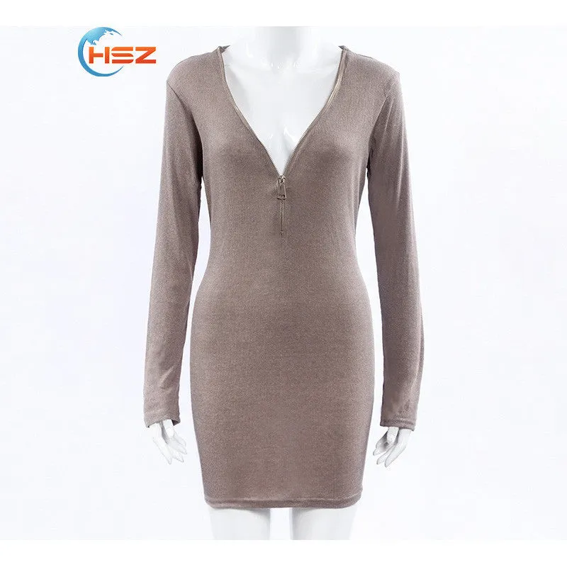 26 New Arrival Sexy Deep V-Neck Long Sleeve Women Dress Slim Solid Plus Size Causal Dress