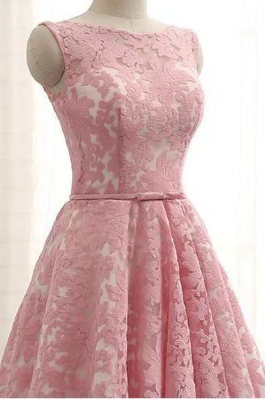 A Line Lace Homecoming with Belt Pink Short Ruched Prom Dress