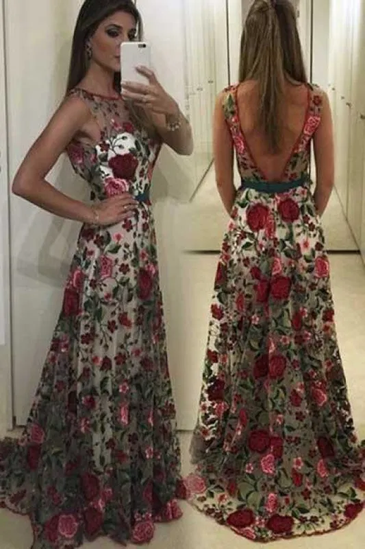 A Line Sleeveless Prom Embroidery Long Formal Dress with V Back