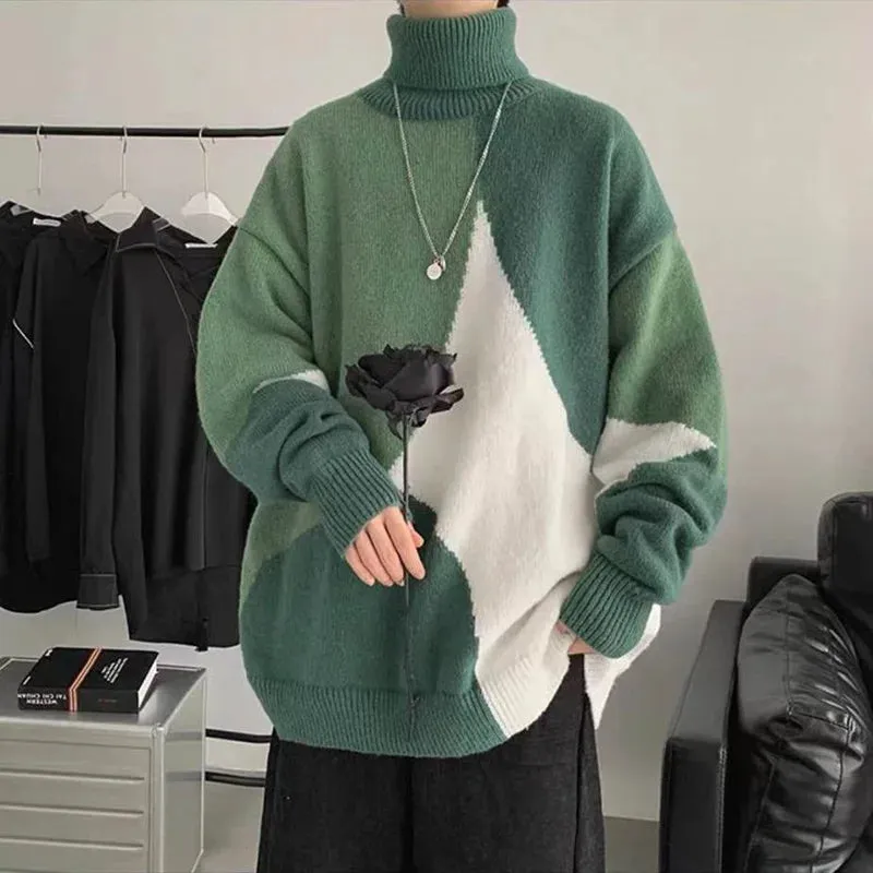 Aidase Fashion Turtleneck Knitted Spliced All-match Asymmetrical Sweater Men Clothing Autumn New Casual Pullovers Loose Warm Tops