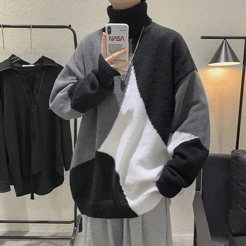 Aidase Fashion Turtleneck Knitted Spliced All-match Asymmetrical Sweater Men Clothing Autumn New Casual Pullovers Loose Warm Tops