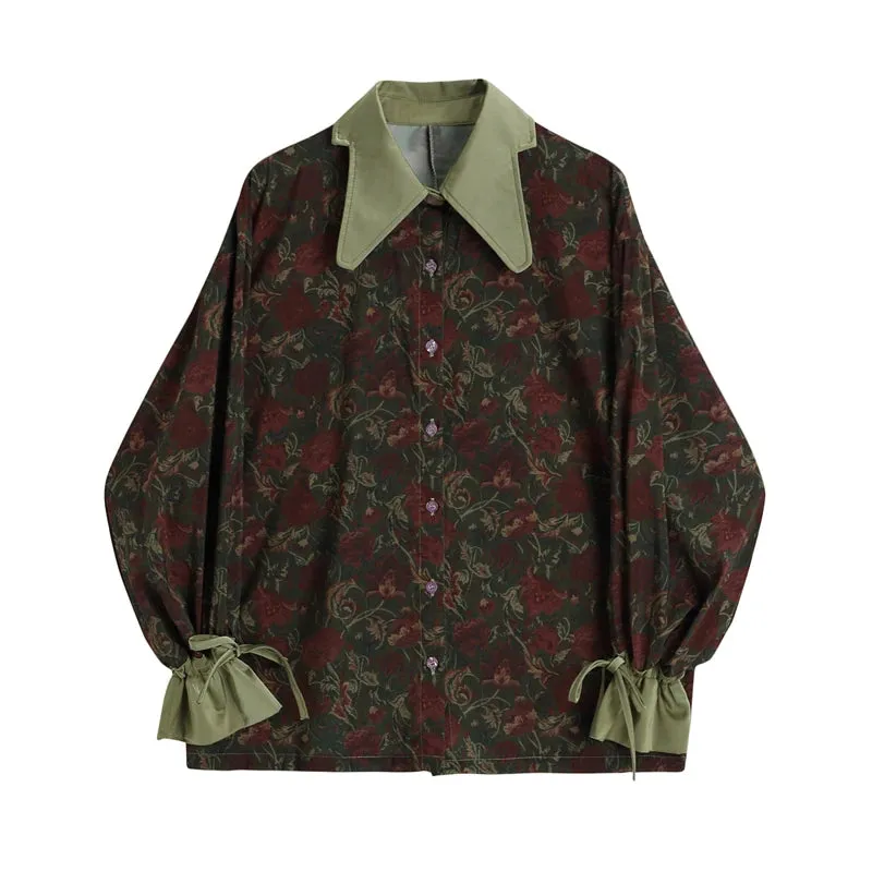 Aiertu Autumn Vintage Style Floral Printing Loose Women's Blouse Shirt Korean Casual Long Sleeve Ladies Button Blouses Female Tops