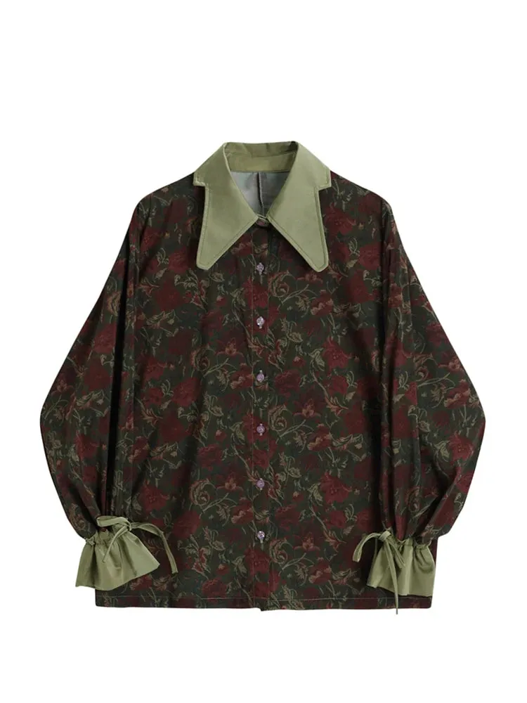 Aiertu Autumn Vintage Style Floral Printing Loose Women's Blouse Shirt Korean Casual Long Sleeve Ladies Button Blouses Female Tops