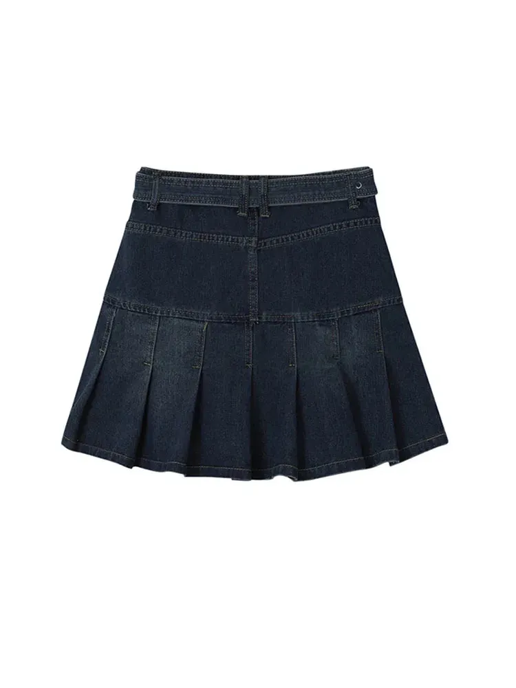 Aiertu Y2k High Waist Denim Mini Pleated Skirts With Belt Women Summer Fashion Retro A Line Skirt Korean Ins Female Casual Skirts