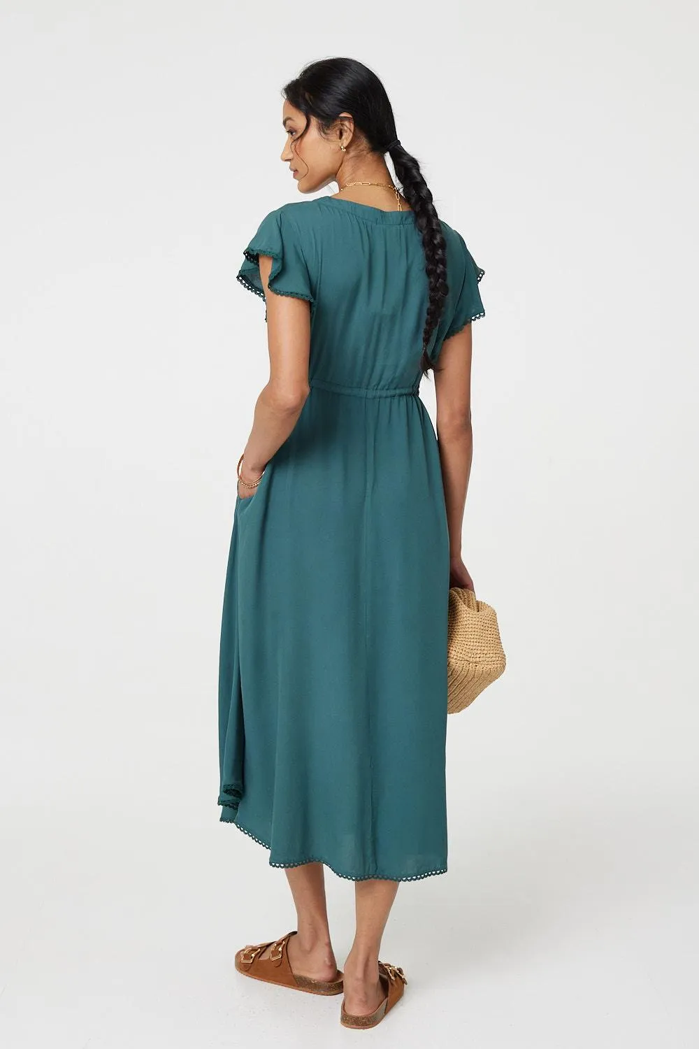 Angel Sleeve Drawstring Waist Midi Dress