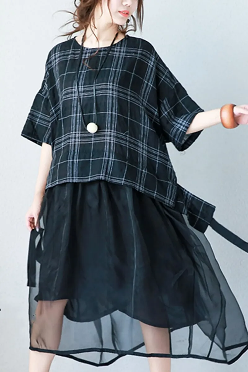 Art Plaid Loose Linen Mulberry Silk Dress Women Clothes