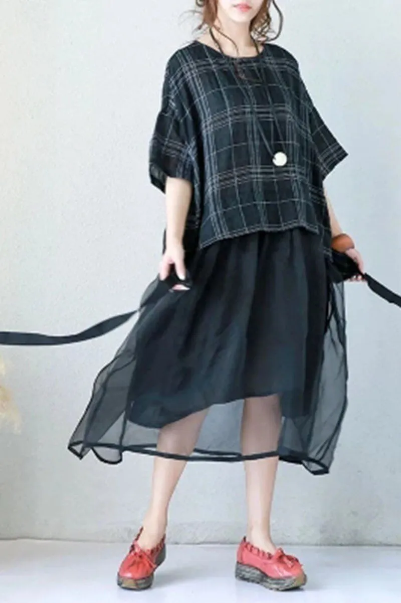 Art Plaid Loose Linen Mulberry Silk Dress Women Clothes