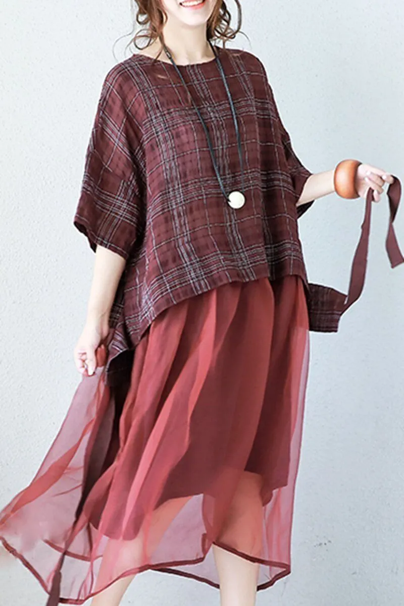 Art Plaid Loose Linen Mulberry Silk Dress Women Clothes