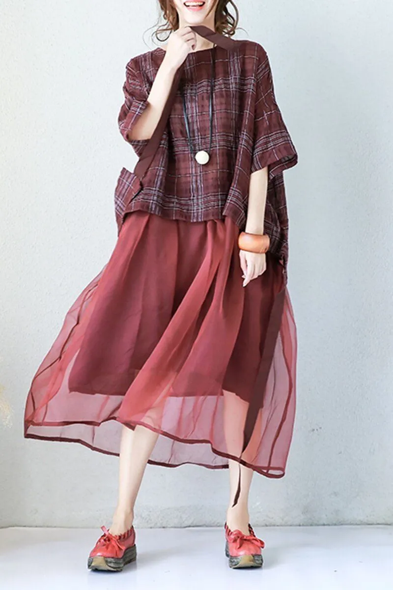 Art Plaid Loose Linen Mulberry Silk Dress Women Clothes