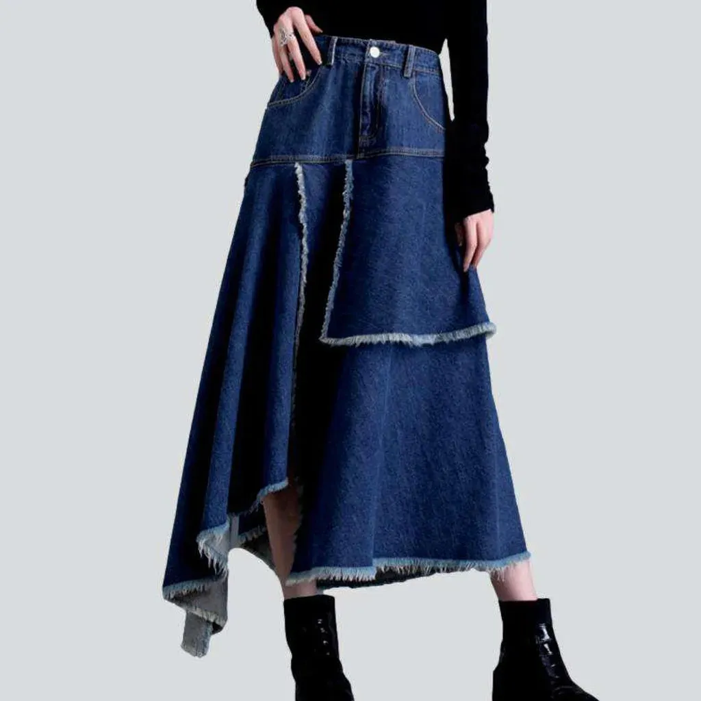 Asymmetric patchwork long denim skirt