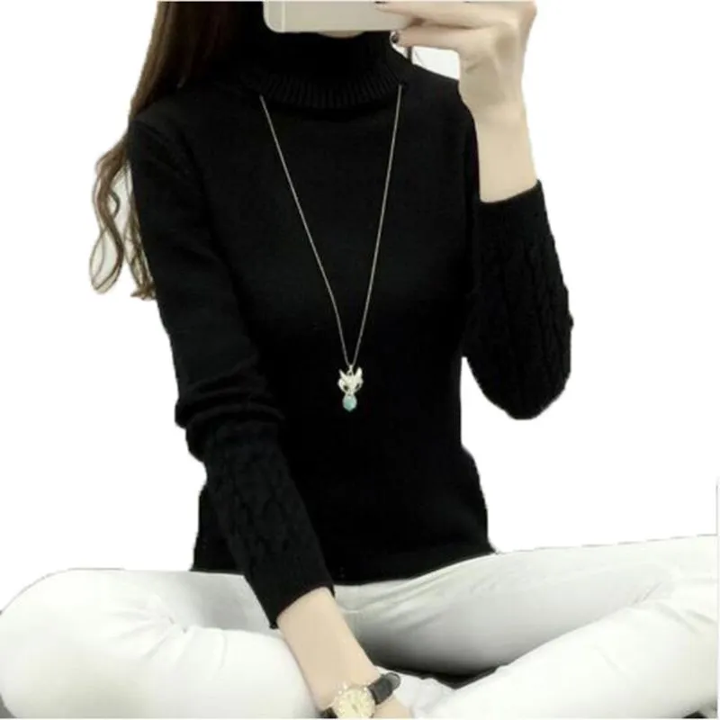 Autumn 2019 Women Sweaters Pullovers Knitted Turtleneck Sweater Poncho Female Tops Pull Femme White Beige Green Black Gray Brown