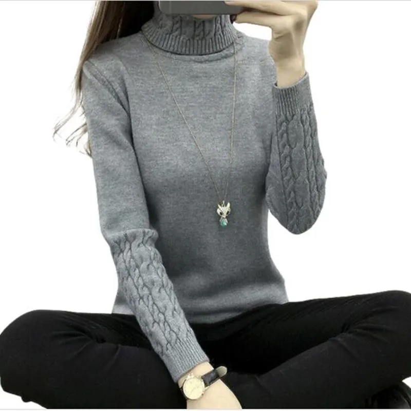 Autumn 2019 Women Sweaters Pullovers Knitted Turtleneck Sweater Poncho Female Tops Pull Femme White Beige Green Black Gray Brown