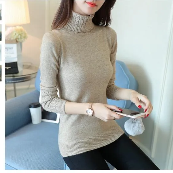 Autumn 2019 Women Sweaters Pullovers Knitted Turtleneck Sweater Poncho Female Tops Pull Femme White Beige Green Black Gray Brown