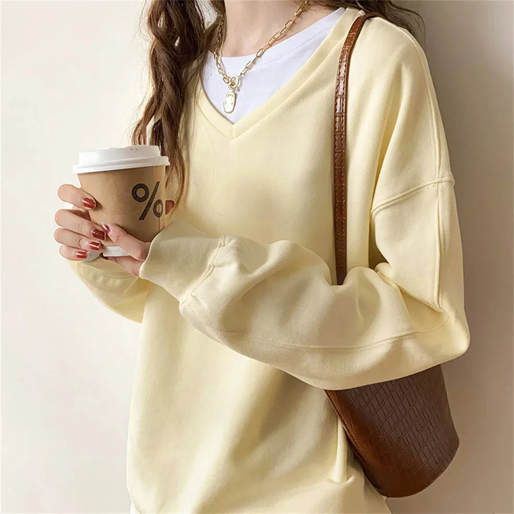 Autumn V-Neck Women Sweatshirts 2021 Solid Color Korean Hoodie Comfortable Loose Fashion Casual OL Elegant Lady Tops S-L