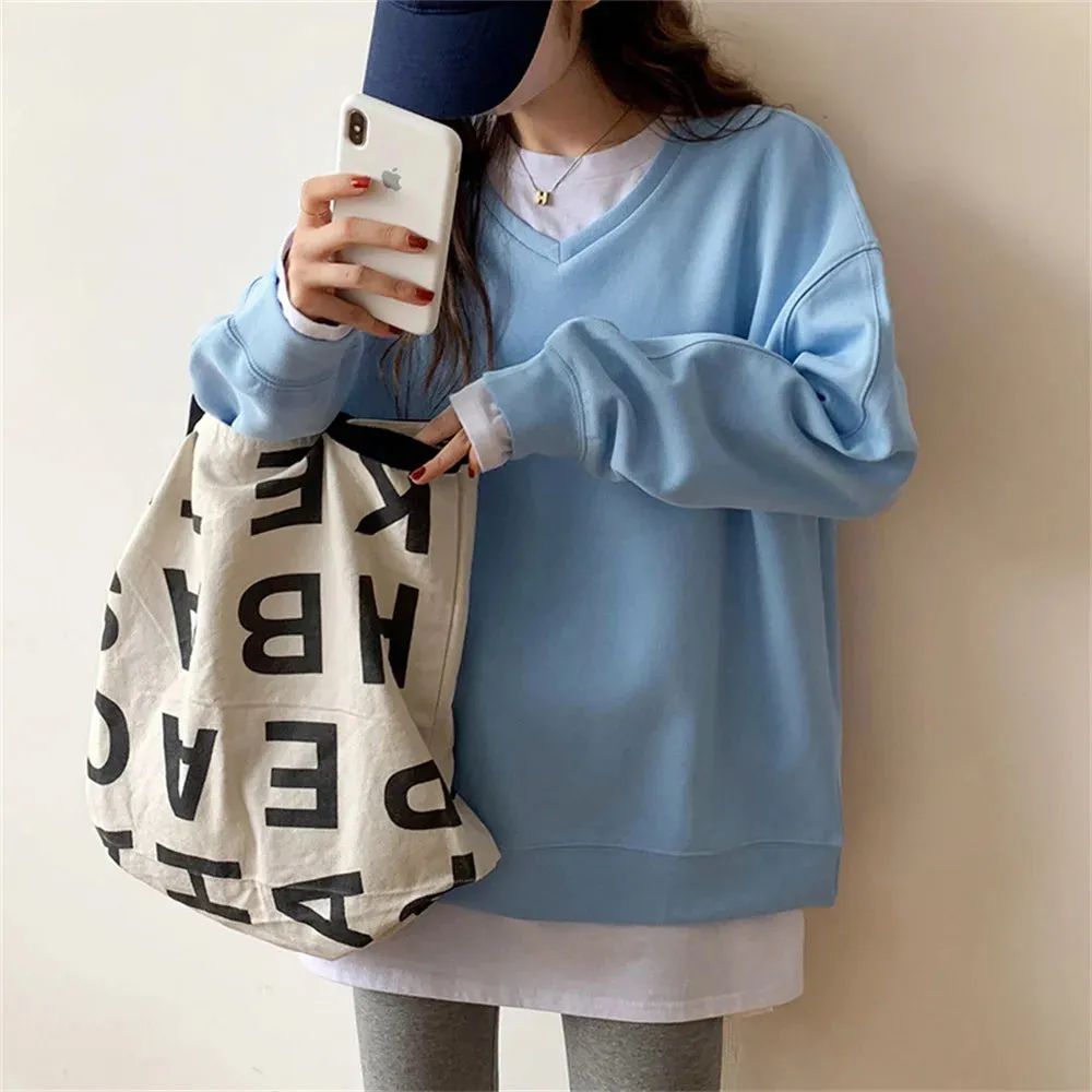 Autumn V-Neck Women Sweatshirts 2021 Solid Color Korean Hoodie Comfortable Loose Fashion Casual OL Elegant Lady Tops S-L