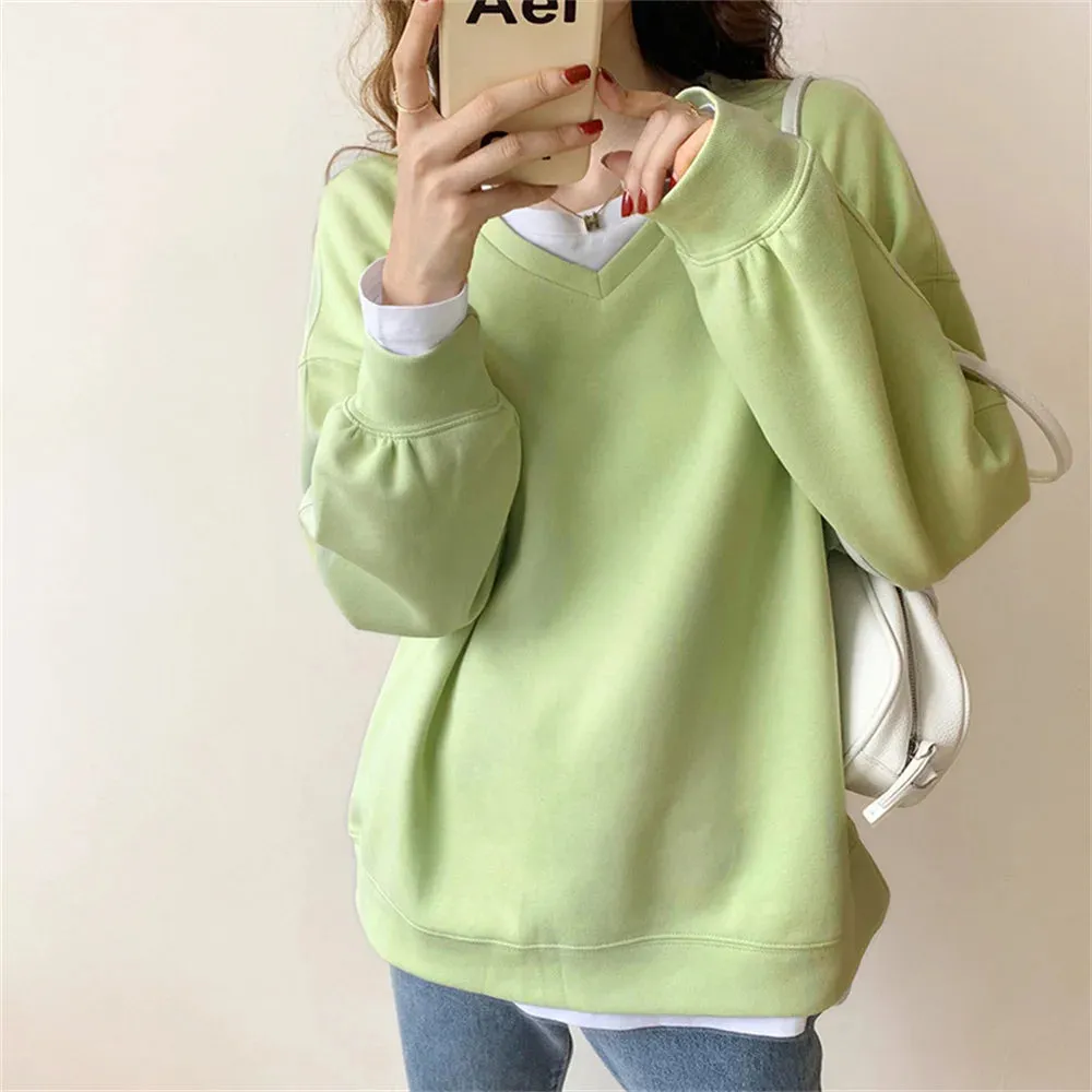 Autumn V-Neck Women Sweatshirts 2021 Solid Color Korean Hoodie Comfortable Loose Fashion Casual OL Elegant Lady Tops S-L