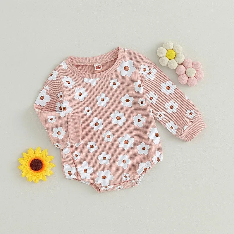 Baby Girls Autumn Ribbed Knit Floral Romper Onesie (3 Colors)