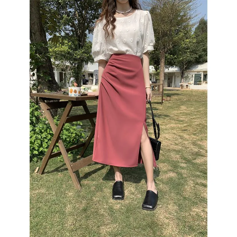 Belly-Covering High-Waisted Pleated Midi Pencil Skirt