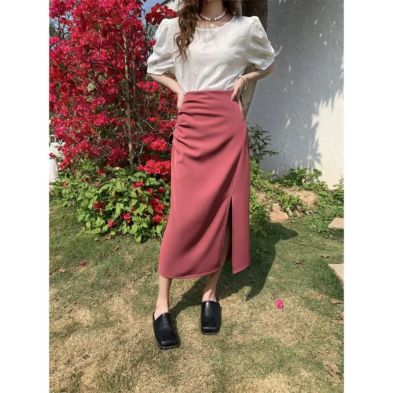 Belly-Covering High-Waisted Pleated Midi Pencil Skirt