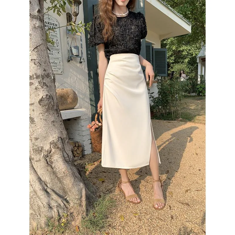 Belly-Covering High-Waisted Pleated Midi Pencil Skirt