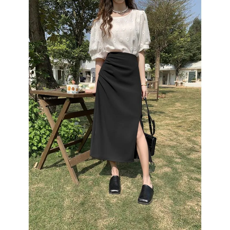 Belly-Covering High-Waisted Pleated Midi Pencil Skirt