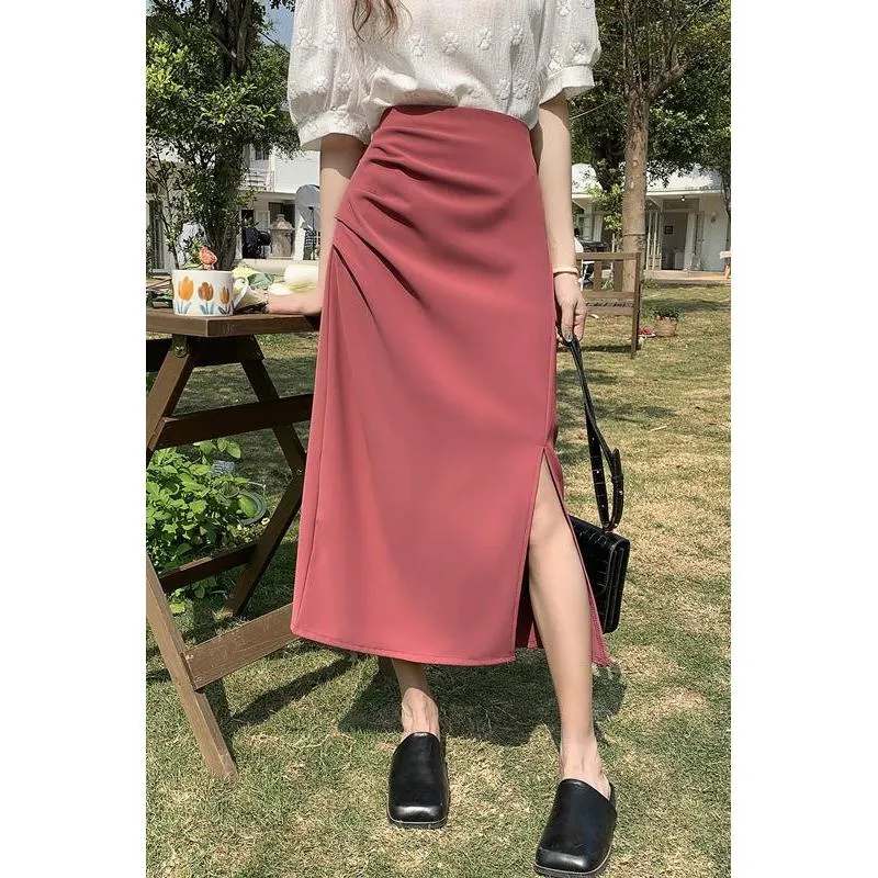 Belly-Covering High-Waisted Pleated Midi Pencil Skirt