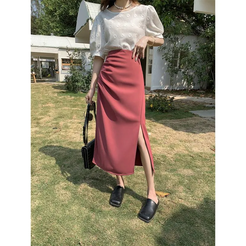 Belly-Covering High-Waisted Pleated Midi Pencil Skirt