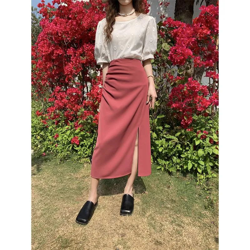 Belly-Covering High-Waisted Pleated Midi Pencil Skirt