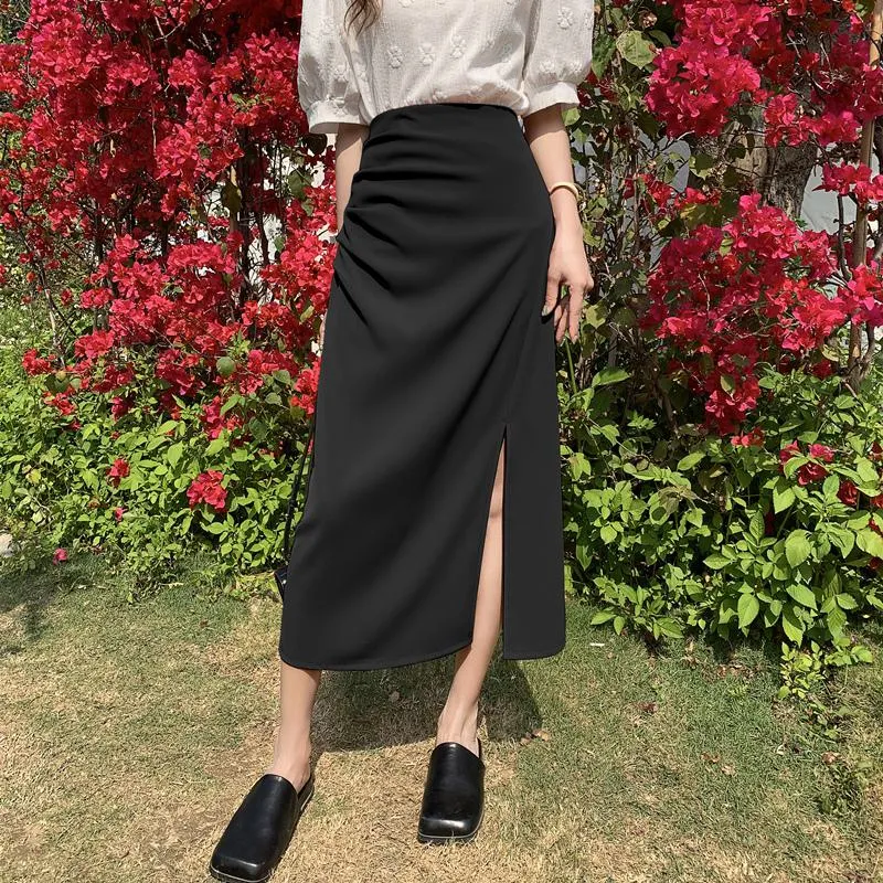 Belly-Covering High-Waisted Pleated Midi Pencil Skirt