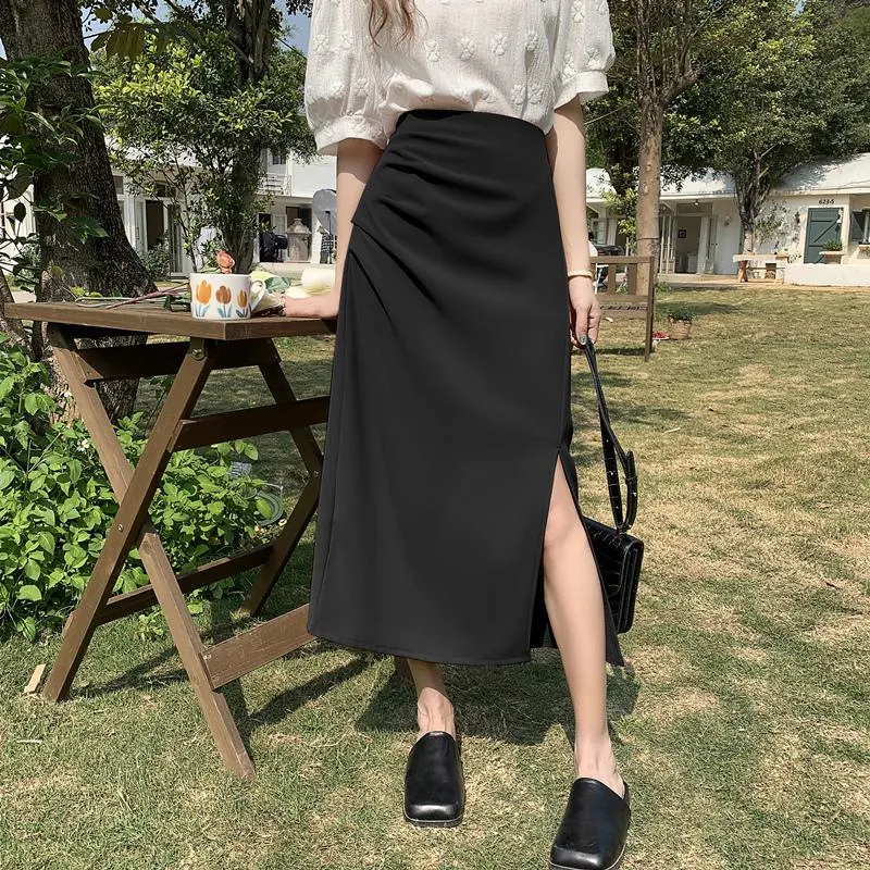 Belly-Covering High-Waisted Pleated Midi Pencil Skirt