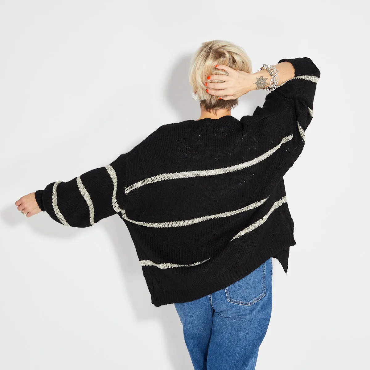 Black Disco Cardigan With Metallic Stripe - ONE SIZE