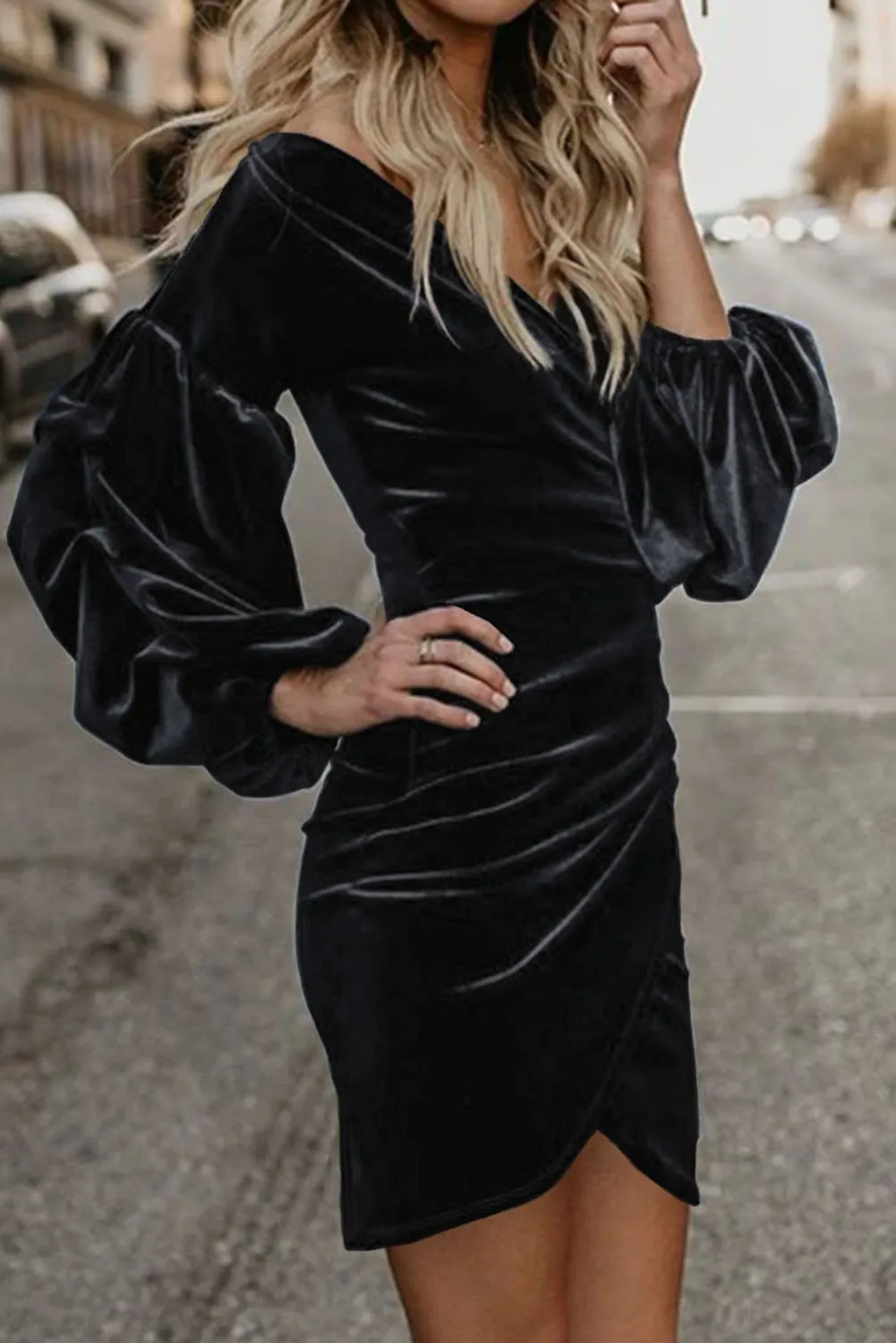 Black Puff Sleeve Ruching Wrap Bodycon Velvet Dress