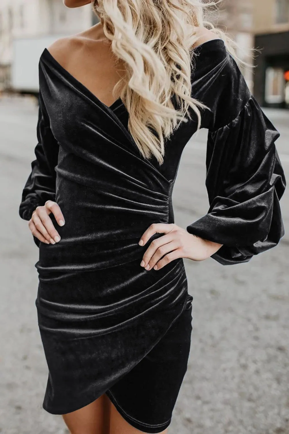 Black Puff Sleeve Ruching Wrap Bodycon Velvet Dress