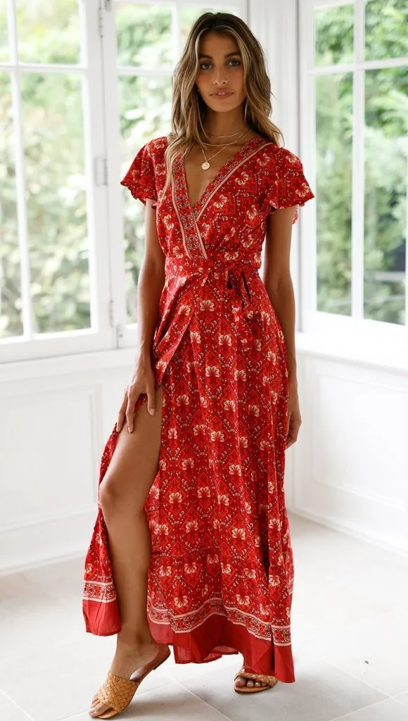 Bohemia Sexy V-neck Printed Beach Maxi Split Dresses