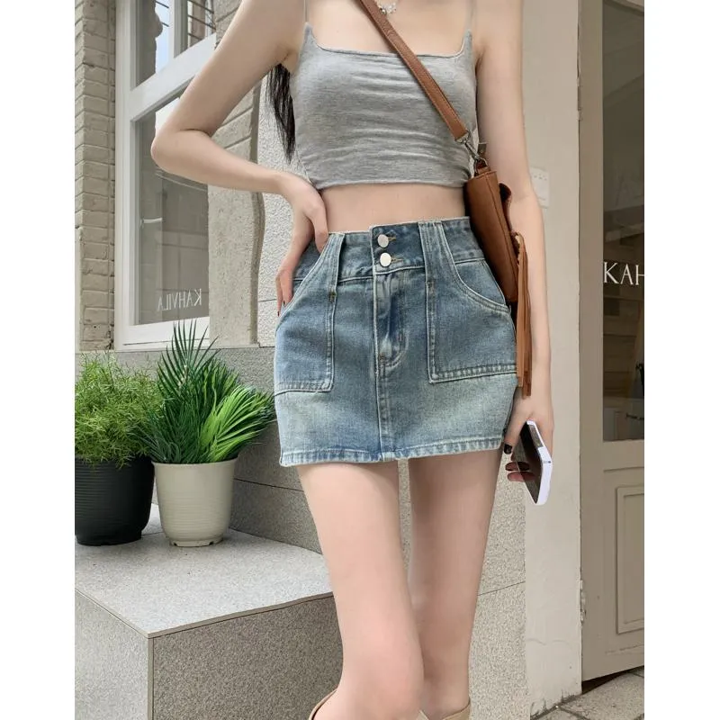 Button Front Niche Washed Out Retro Bodycon Denim Skirt