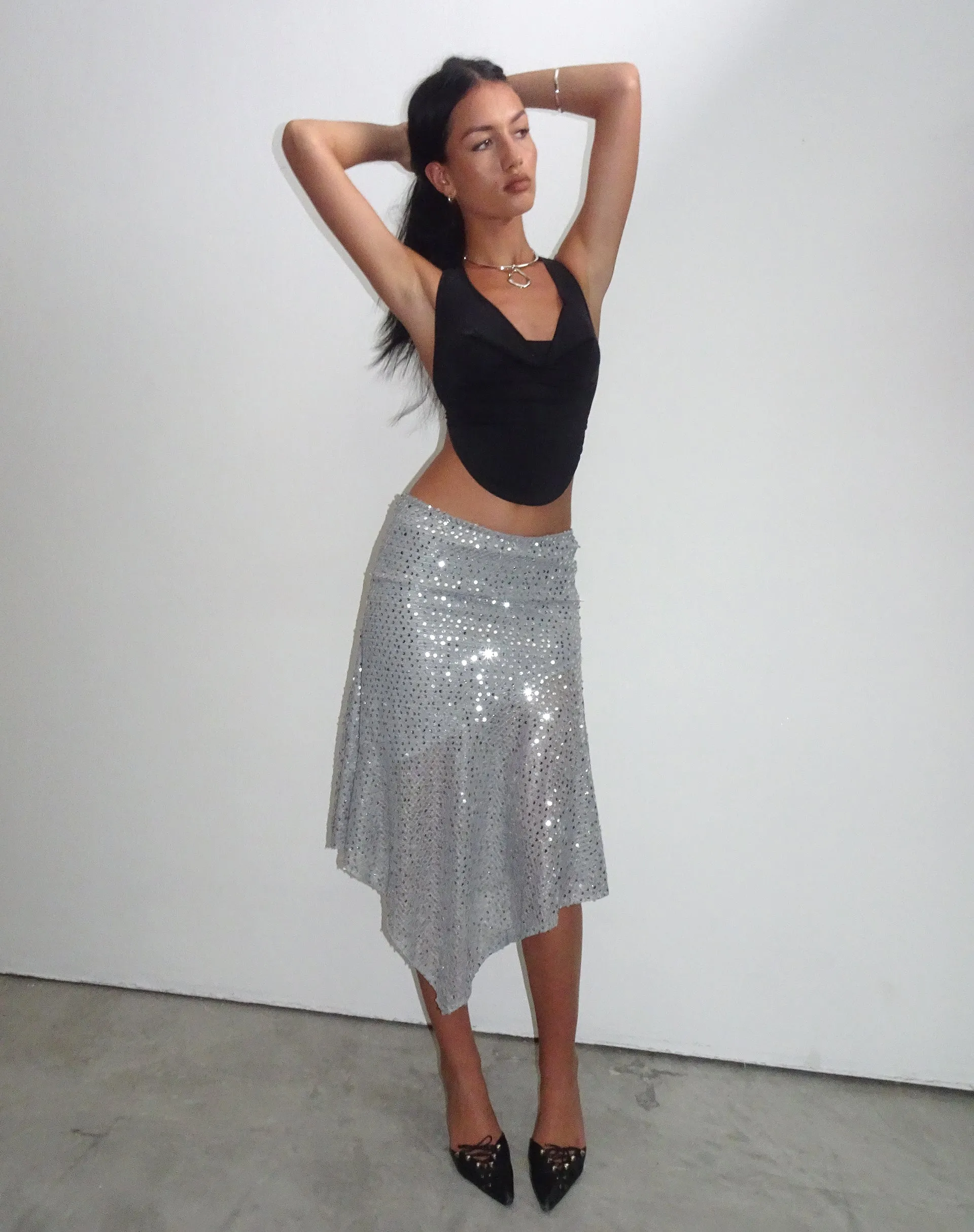 Carita Midi Skirt in Sequin Knit Silver