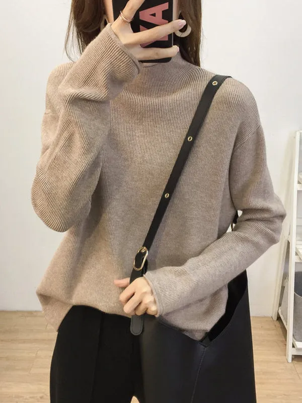 Casual Loose Long Sleeves Solid Color Half Turtleneck Sweater Tops