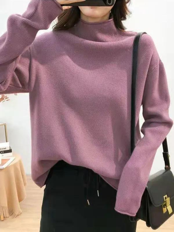 Casual Loose Long Sleeves Solid Color Half Turtleneck Sweater Tops