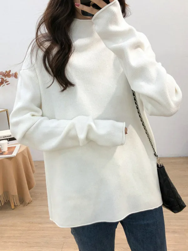 Casual Loose Long Sleeves Solid Color Half Turtleneck Sweater Tops