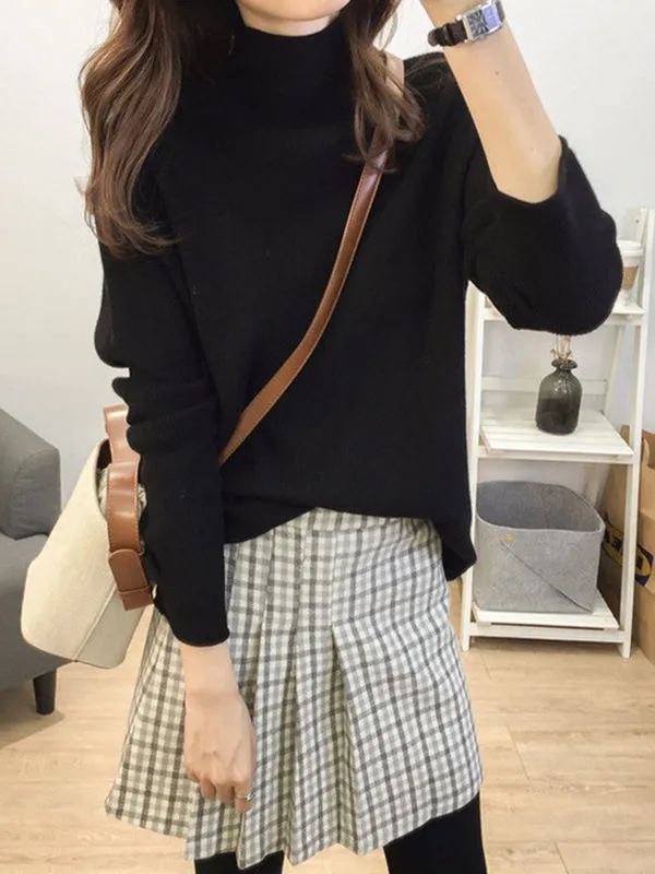 Casual Loose Long Sleeves Solid Color Half Turtleneck Sweater Tops