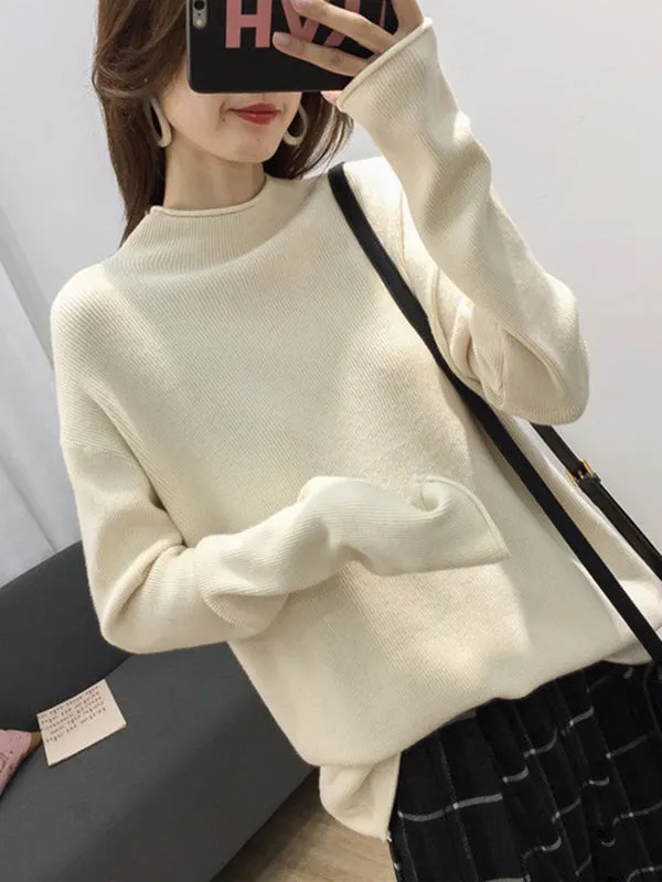 Casual Loose Long Sleeves Solid Color Half Turtleneck Sweater Tops