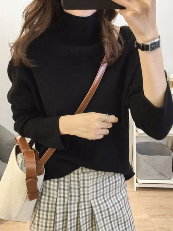 Casual Loose Long Sleeves Solid Color Half Turtleneck Sweater Tops