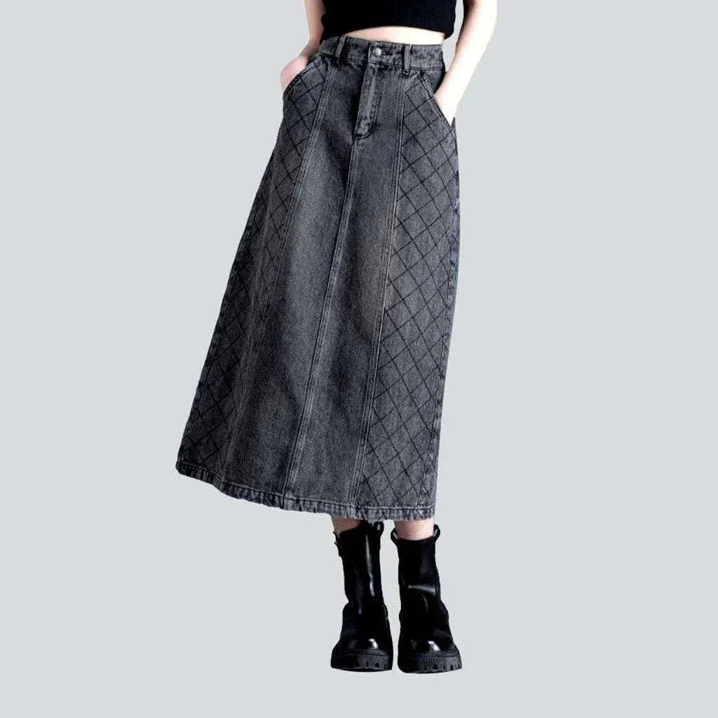 Checkered patchwork grey denim skirt