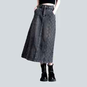 Checkered patchwork grey denim skirt