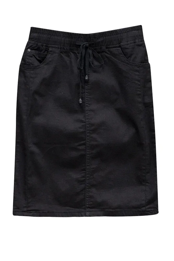 Country Denim Drawstring Knee Length Skirt - Black