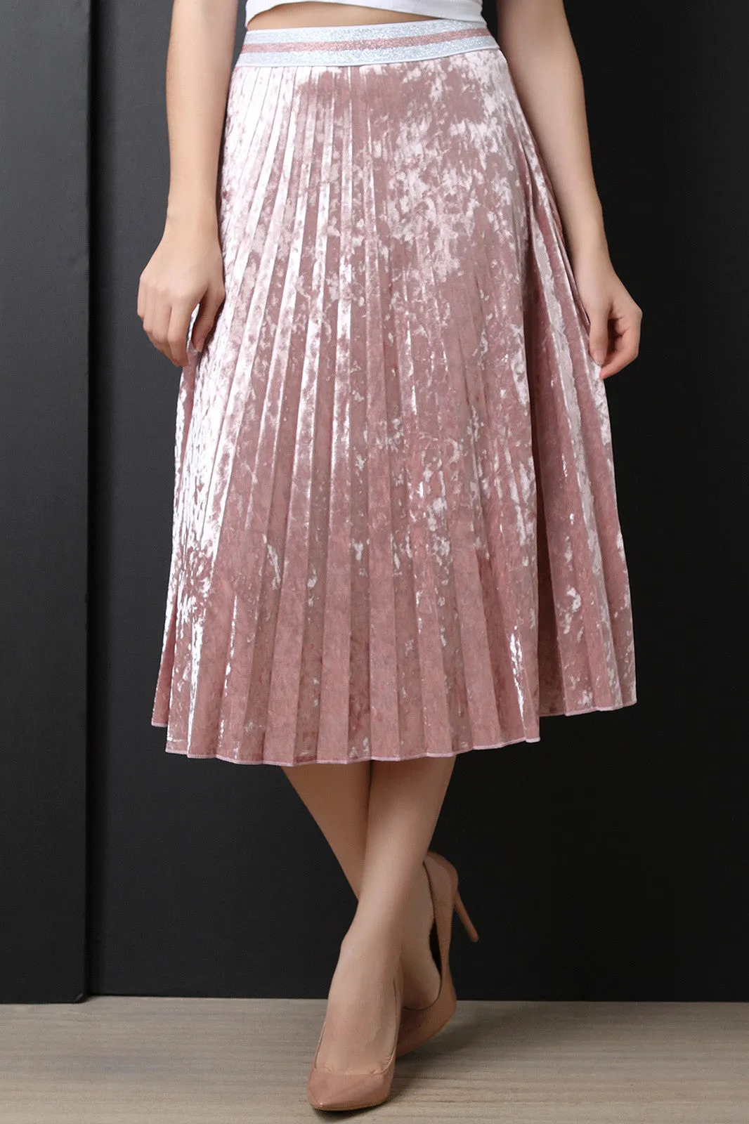 Crushed Velvet Accordion Pleated Midi Skirt